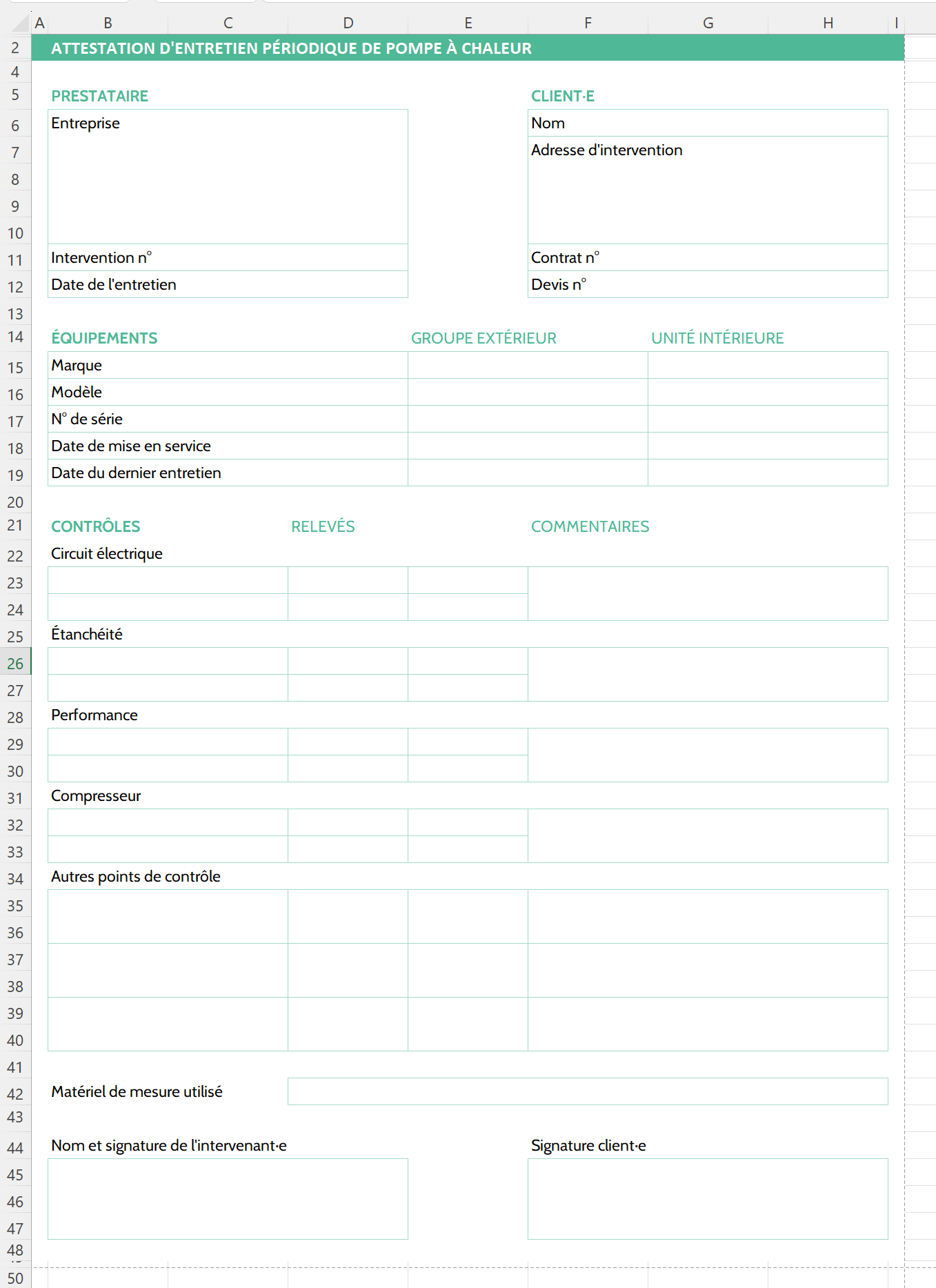 Attestation entretien pompe à chaleur EXCEL