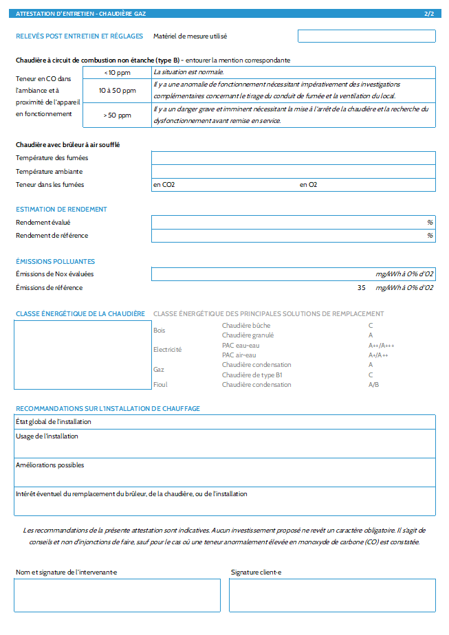 Exemple attestation entretien chaudière gaz